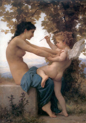 Young Girl Defending Herself Against Cupid