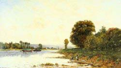 Washerwomen In A River Landscape With Steamboats Beyond