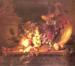 Still Life With Fruit, A Glass Of Wine And A Bronze Vessel On A Ledge