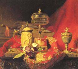 Still Life With Iris And Urns On A Red Tapestry