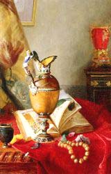 Still Life With Urns And Illuminated Manuscript On A Draped