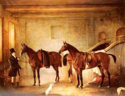 Sir John Thorold’s Bay Hunters With Their Groom In A Stable