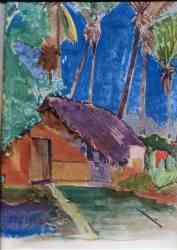 Thatched Hut Under Palm Trees