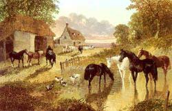 The Evening Hour - Horses And Cattle By A Stream At Sunset