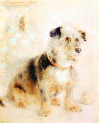 Terrier Seated Before A Canton Famille Rose Vase