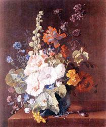 Hollyhocks And Other Flowers In A Vase