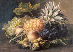 Grapes, A Pineapple, Peaches And Hazelnuts In A Basket