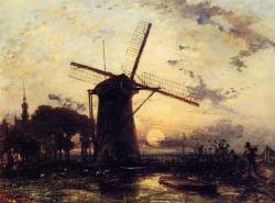 Boatman By A Windmill At Sundown