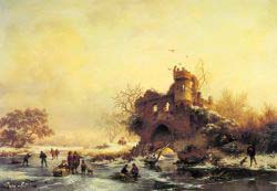 Winter Landscape With Skaters On A Frozen River Beside Castle