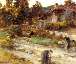 Washerwomen At A Stream With Buildings Beyond