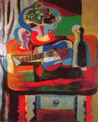 Guitar, Bottle, Bowl With Fruit, And Glass On Table