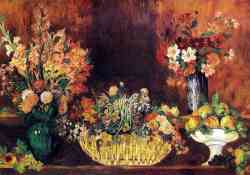 Vase, Basket Of Flowers And Fruit