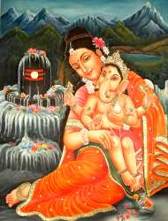 Baby Ganesha Seated In The Lap Of Mother Parvati