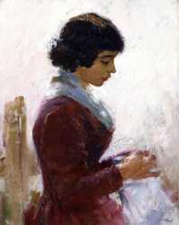 Girl In Red Sewing