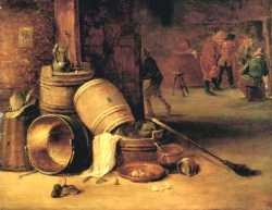 An Interior Scene With Pots Barrels Baskets Onions And Cabbages